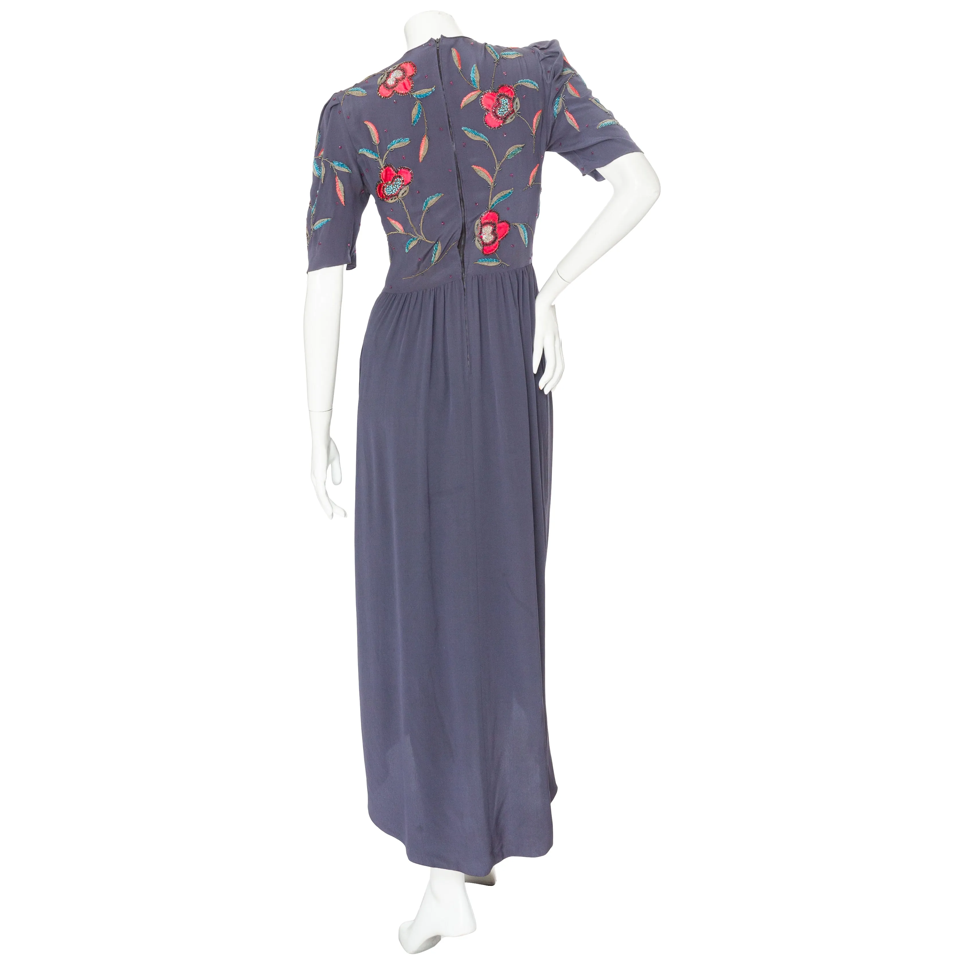 1970s Dusty Blue Silk Two-Piece Beaded Floral Draped Dress