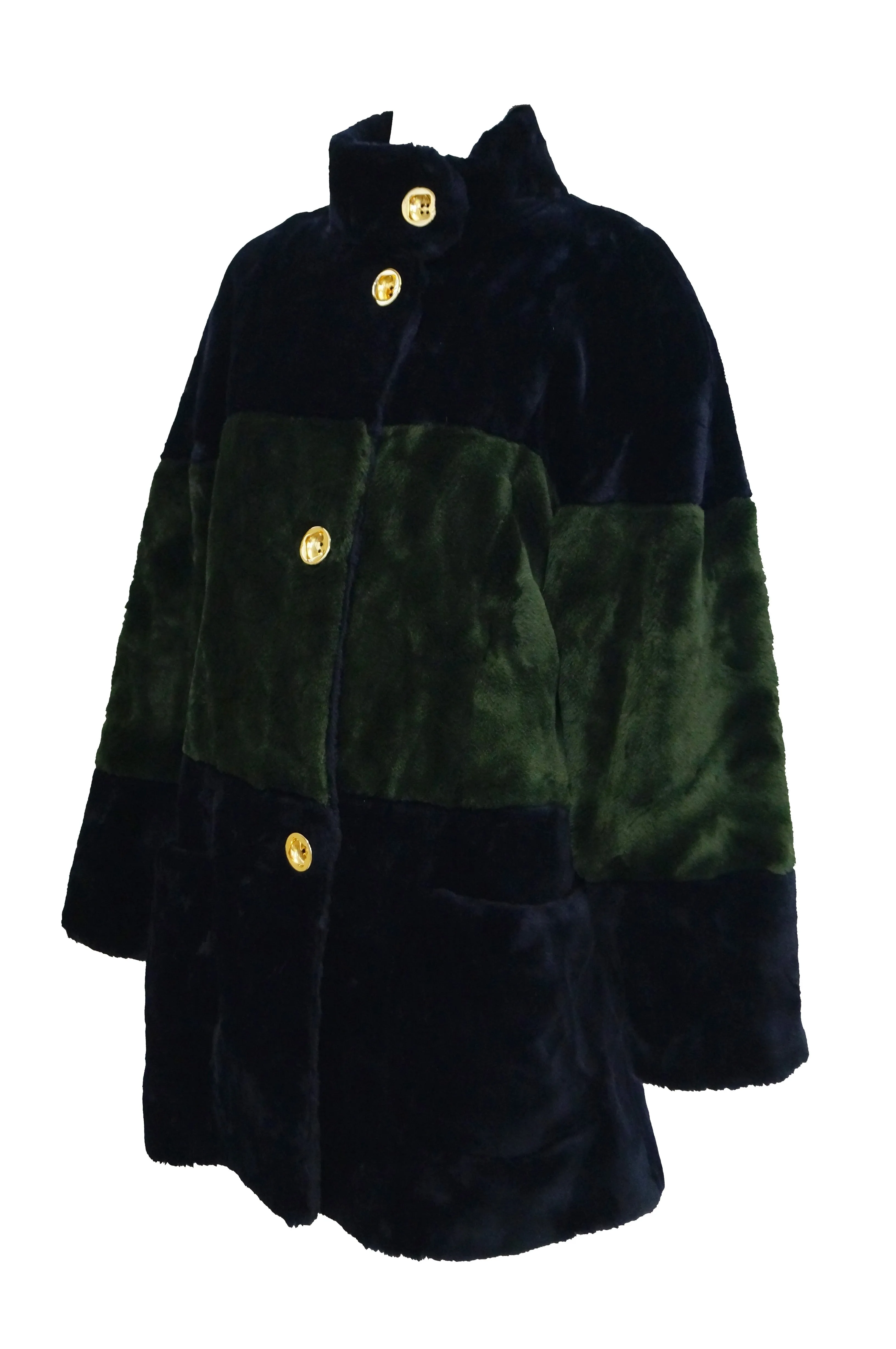 1980s Bill Blass Green and Black Colorblock Faux Sheared Mink Coat - XL