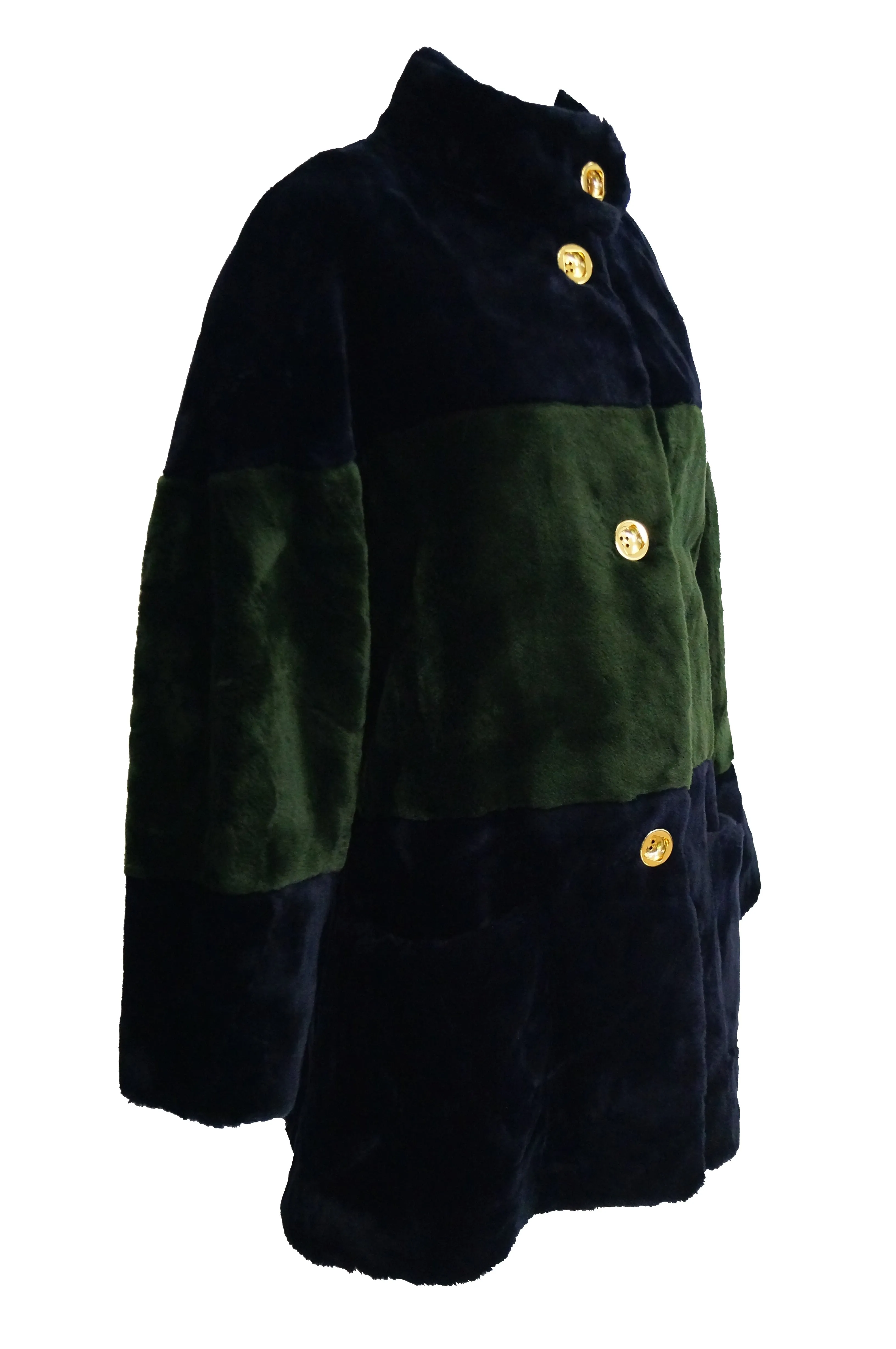 1980s Bill Blass Green and Black Colorblock Faux Sheared Mink Coat - XL