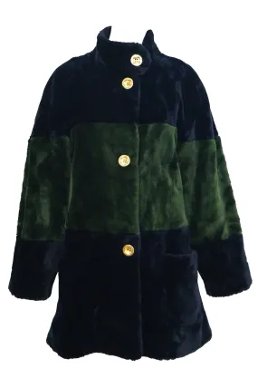 1980s Bill Blass Green and Black Colorblock Faux Sheared Mink Coat - XL