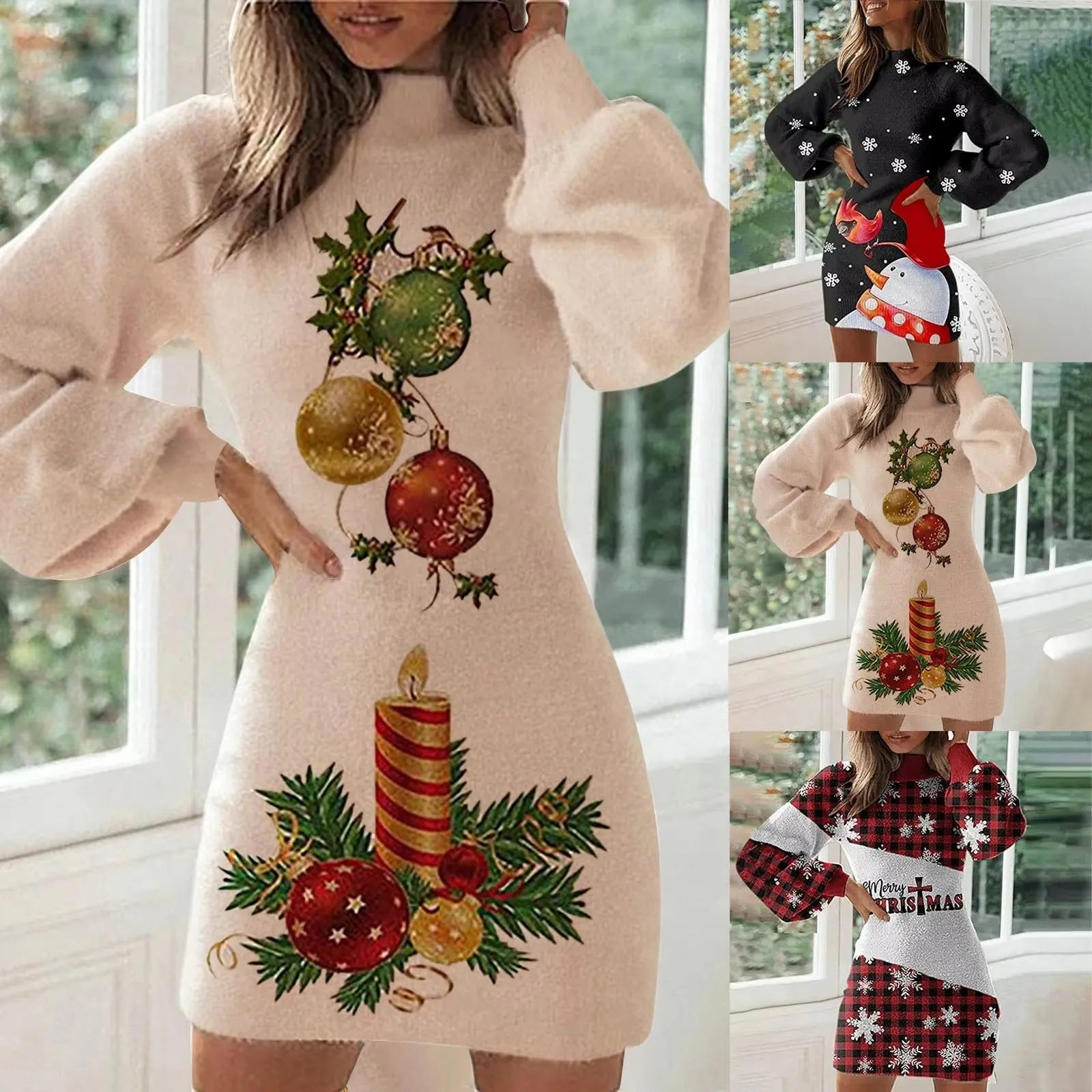 2024 Winter Christmas Dress Women Autumn Fashion Christmas Print Long Sleeve Dresses Female Sexy Slim Fit Party Dresses Vestidos