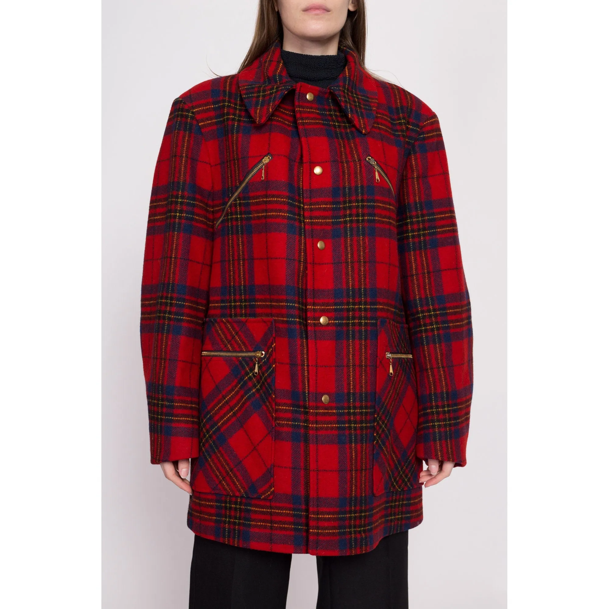 50s 60s Pendleton Red Plaid Wool Coat - Large