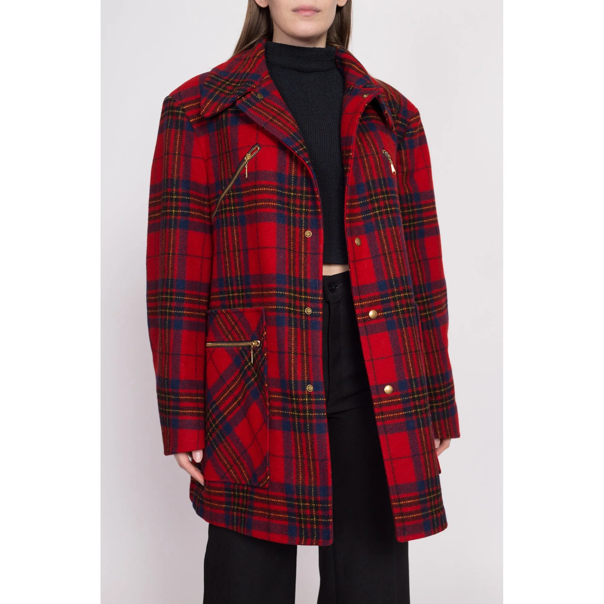 50s 60s Pendleton Red Plaid Wool Coat - Large