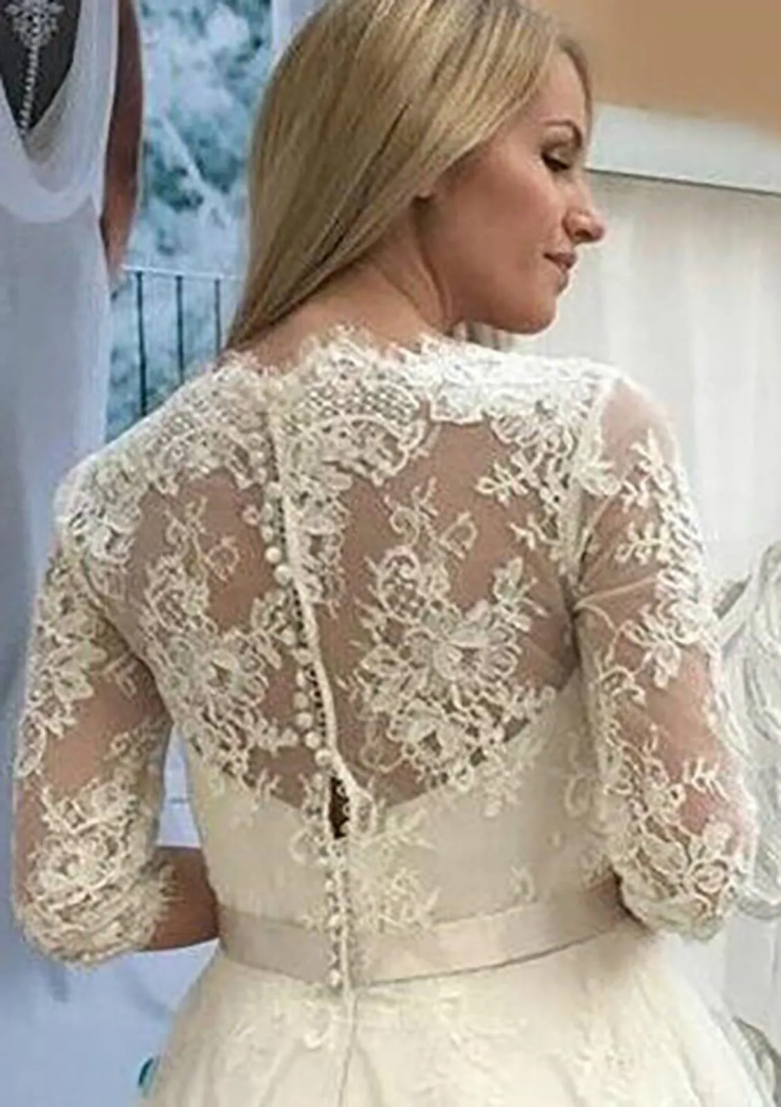 A-line V Neck 3/4 Sleeve Tulle Lace Tea-Length Wedding Dress, Flower