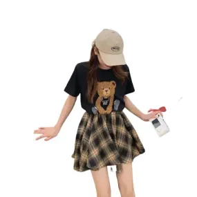 Aesthetic Plaid Skirt Short Sleeve Cartoon Bear T-shirt Set