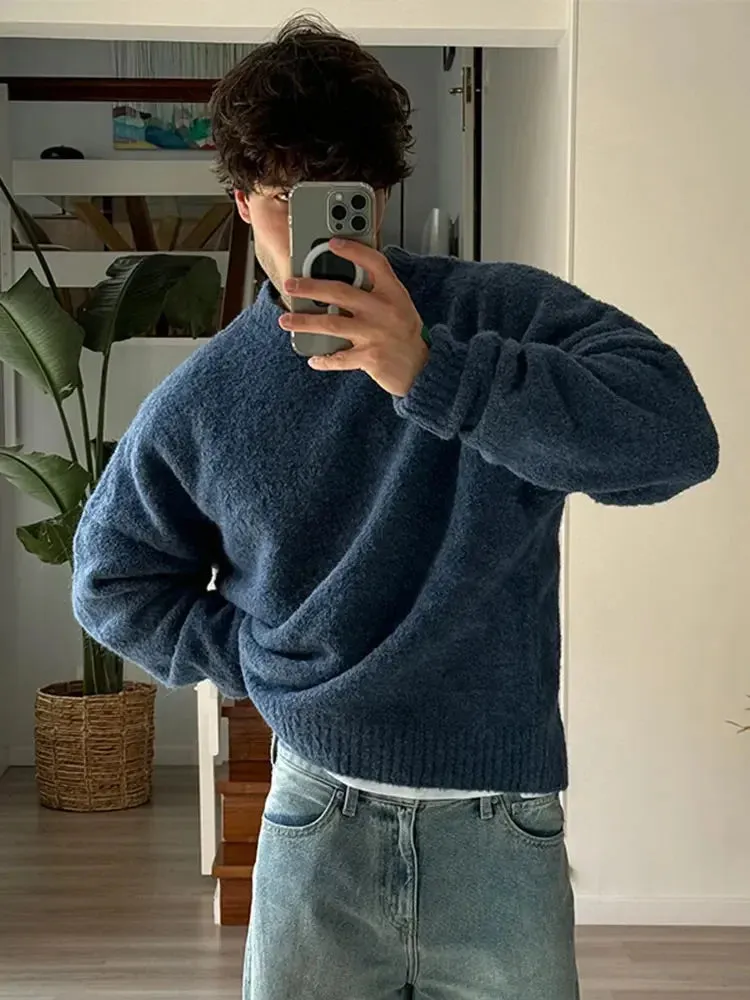 Aidase Fashion Solid Fleece Turtleneck Sweater For Male Casual Loose Long Sleeve Knitted Pullover 2024 Autumn Thicken Warm Men's Jumper