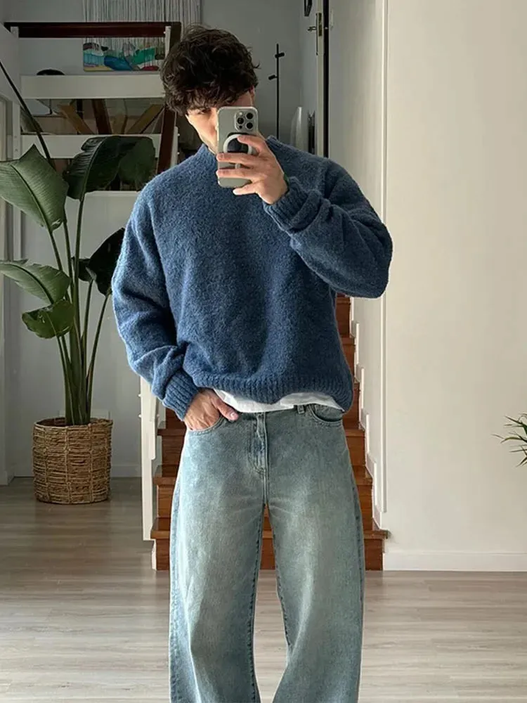 Aidase Fashion Solid Fleece Turtleneck Sweater For Male Casual Loose Long Sleeve Knitted Pullover 2024 Autumn Thicken Warm Men's Jumper