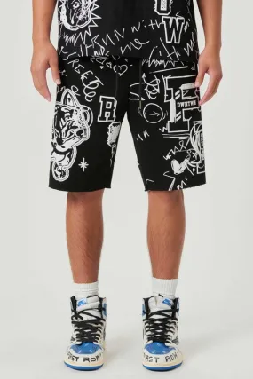 Allover Hand Doodling Puff Print Shorts