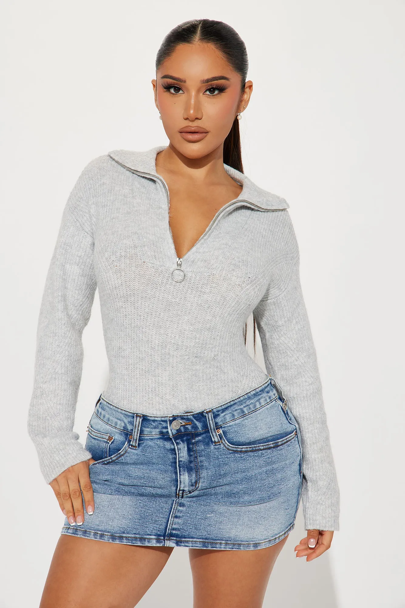 Amabella Quarter Zip Sweater - Grey