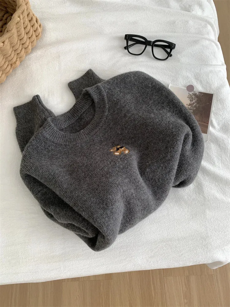 Amozae-Autumn Casual Outfits Amozae-Thick Teddy Bear Embroidered Pullover Sweater Women Loose Gray Long Sleeved Knit Sweater Warm For Autumn