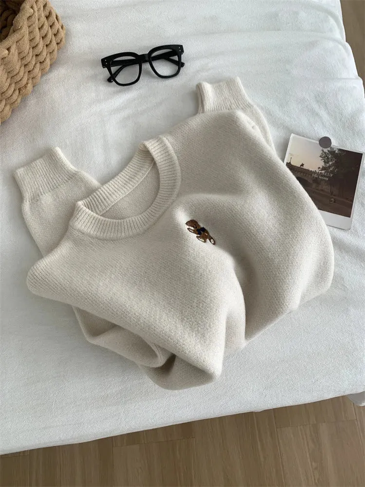 Amozae-Autumn Casual Outfits Amozae-Thick Teddy Bear Embroidered Pullover Sweater Women Loose Gray Long Sleeved Knit Sweater Warm For Autumn