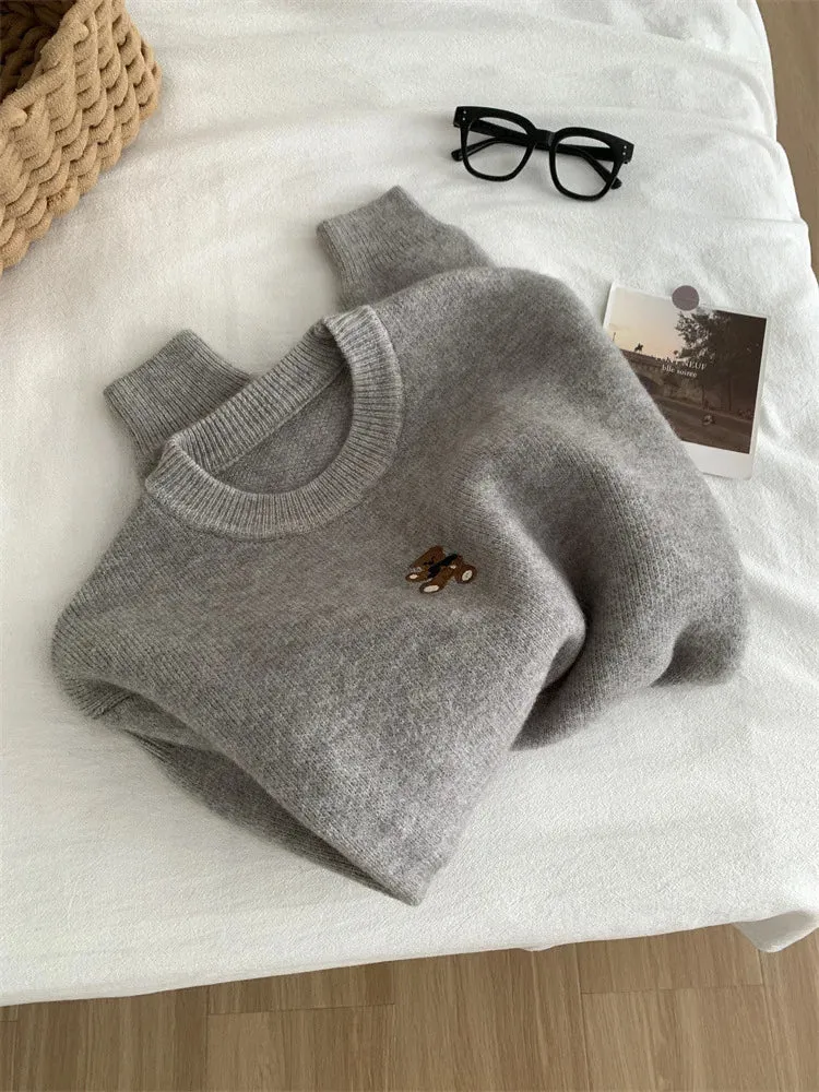 Amozae-Autumn Casual Outfits Amozae-Thick Teddy Bear Embroidered Pullover Sweater Women Loose Gray Long Sleeved Knit Sweater Warm For Autumn