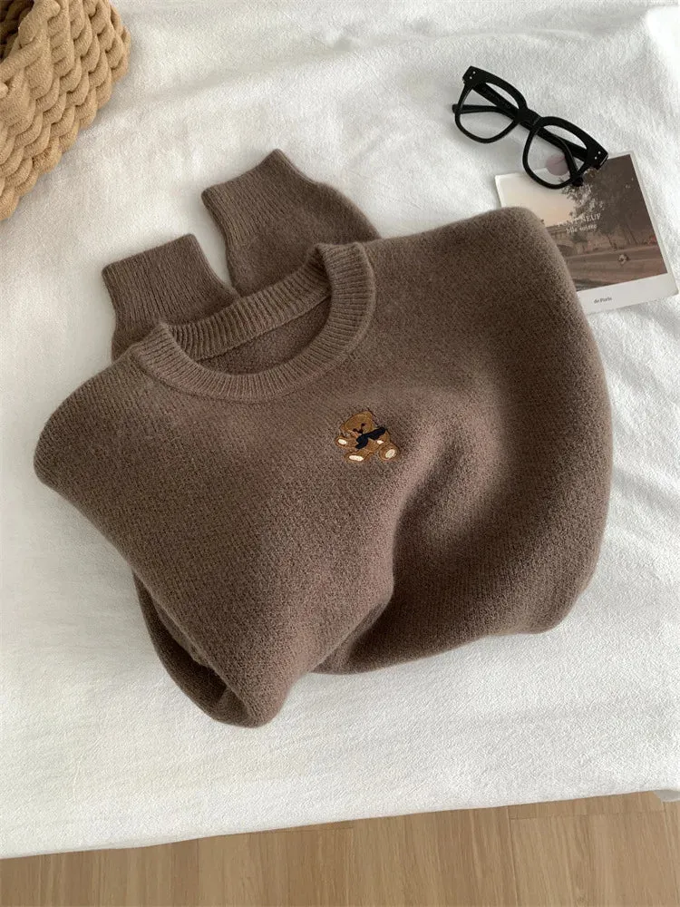 Amozae-Autumn Casual Outfits Amozae-Thick Teddy Bear Embroidered Pullover Sweater Women Loose Gray Long Sleeved Knit Sweater Warm For Autumn