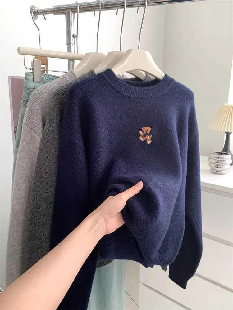 Amozae-Autumn Casual Outfits Amozae-Thick Teddy Bear Embroidered Pullover Sweater Women Loose Gray Long Sleeved Knit Sweater Warm For Autumn