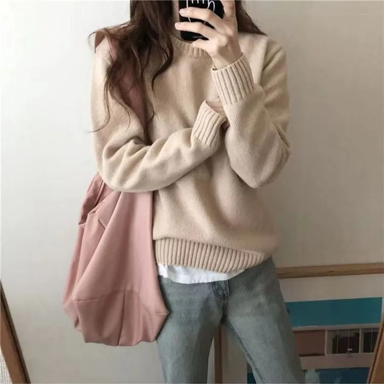 Amozae fall outfits women Spring and Autumn New Sweater Women's Soft Glutinous Loose Lazy Style Solid Color Slimming round Neck Korean Style High-Grade Coat Sweater