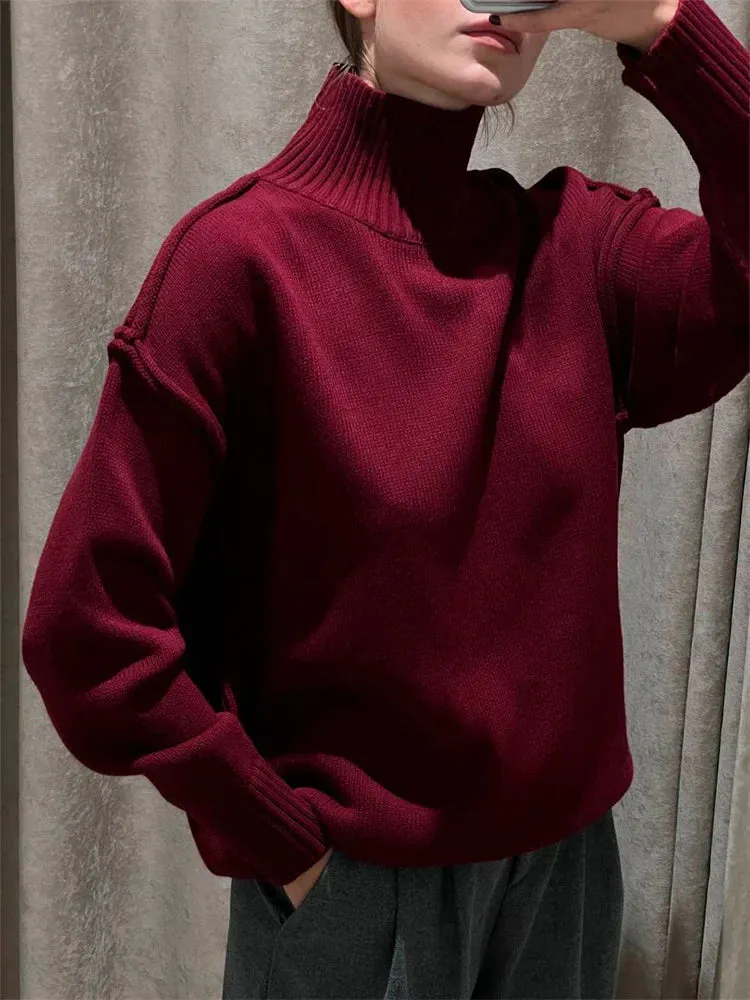 Amozae Winter Knit Turtleneck Pullover Female Clothes Loose Casual Ribbed Patchwork Long Sleeve Oversized Sweater Women Knitwear