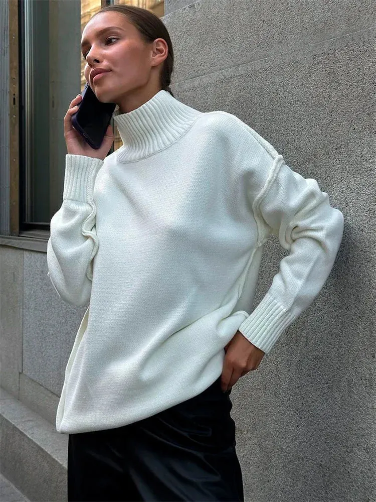 Amozae Winter Knit Turtleneck Pullover Female Clothes Loose Casual Ribbed Patchwork Long Sleeve Oversized Sweater Women Knitwear