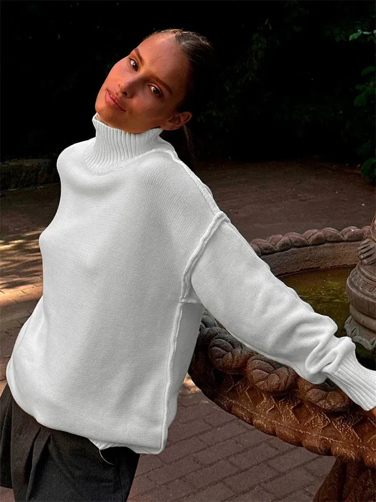 Amozae Winter Knit Turtleneck Pullover Female Clothes Loose Casual Ribbed Patchwork Long Sleeve Oversized Sweater Women Knitwear