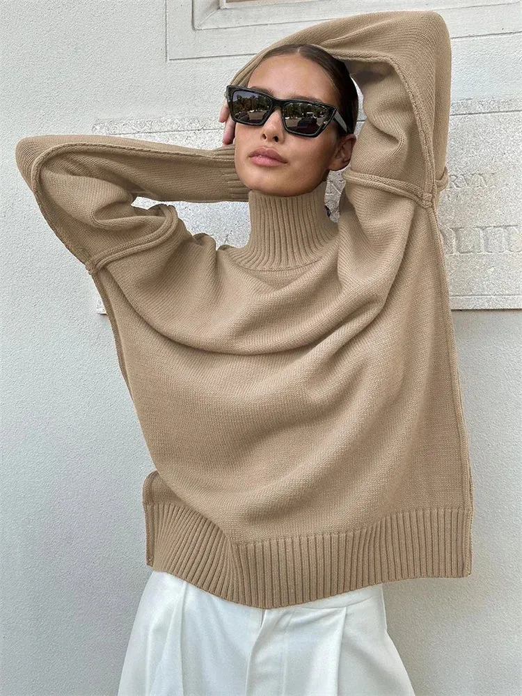 Amozae Winter Knit Turtleneck Pullover Female Clothes Loose Casual Ribbed Patchwork Long Sleeve Oversized Sweater Women Knitwear