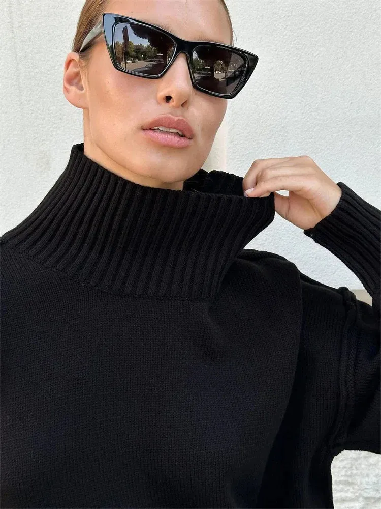 Amozae Winter Knit Turtleneck Pullover Female Clothes Loose Casual Ribbed Patchwork Long Sleeve Oversized Sweater Women Knitwear