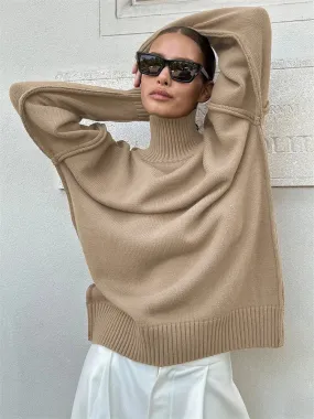 Amozae Winter Knit Turtleneck Pullover Female Clothes Loose Casual Ribbed Patchwork Long Sleeve Oversized Sweater Women Knitwear