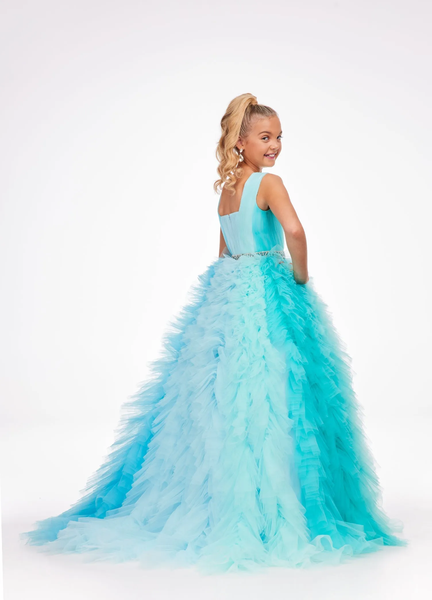 Ashley Lauren Kids 8137 Size 12 Blue Girls Preteens Pageant Dress Layered Tulle Skirt Square Neckline