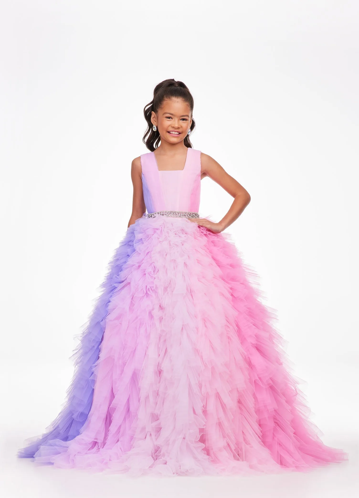 Ashley Lauren Kids 8137 Size 12 Blue Girls Preteens Pageant Dress Layered Tulle Skirt Square Neckline