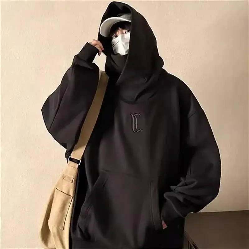 Autumn High Collar Hoodie Pullover Loose Men Coat Tops Harajuku Hip Hop Gothic Outwear Streetwear Y2k Fleece Hooded Sweatshirt