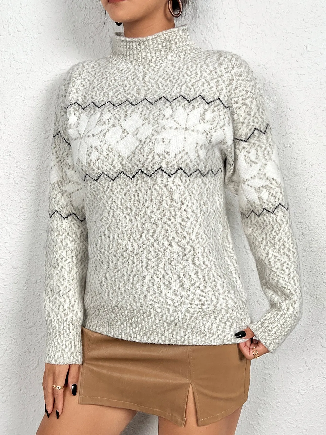 Autumn Winter Half Turtleneck Pullover Women Clothing Snowflake Jacquard Sweater Chenille Top