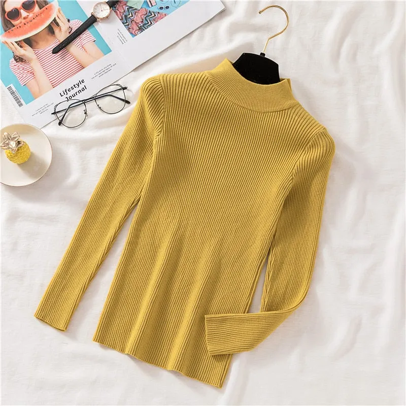 Autumn Women Pullover Sweater Half Turtleneck Long Sleeve Knitted Jumper Winter Elastic Solid Basic Ladies Blouse