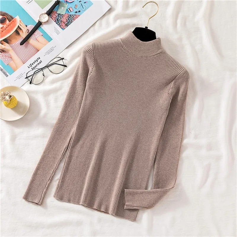 Autumn Women Pullover Sweater Half Turtleneck Long Sleeve Knitted Jumper Winter Elastic Solid Basic Ladies Blouse