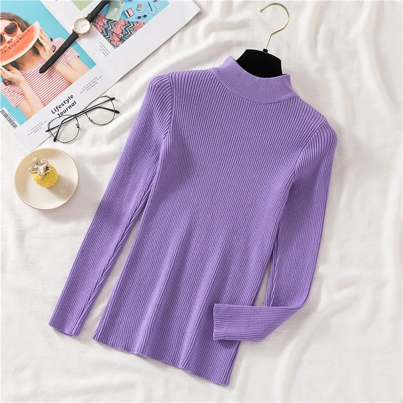 Autumn Women Pullover Sweater Half Turtleneck Long Sleeve Knitted Jumper Winter Elastic Solid Basic Ladies Blouse