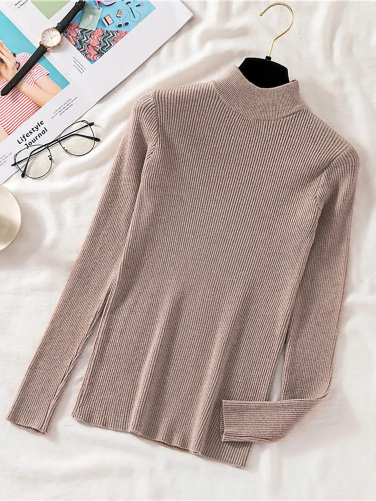 Autumn Women Pullover Sweater Half Turtleneck Long Sleeve Knitted Jumper Winter Elastic Solid Basic Ladies Blouse