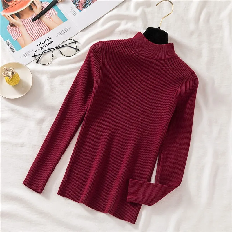 Autumn Women Pullover Sweater Half Turtleneck Long Sleeve Knitted Jumper Winter Elastic Solid Basic Ladies Blouse