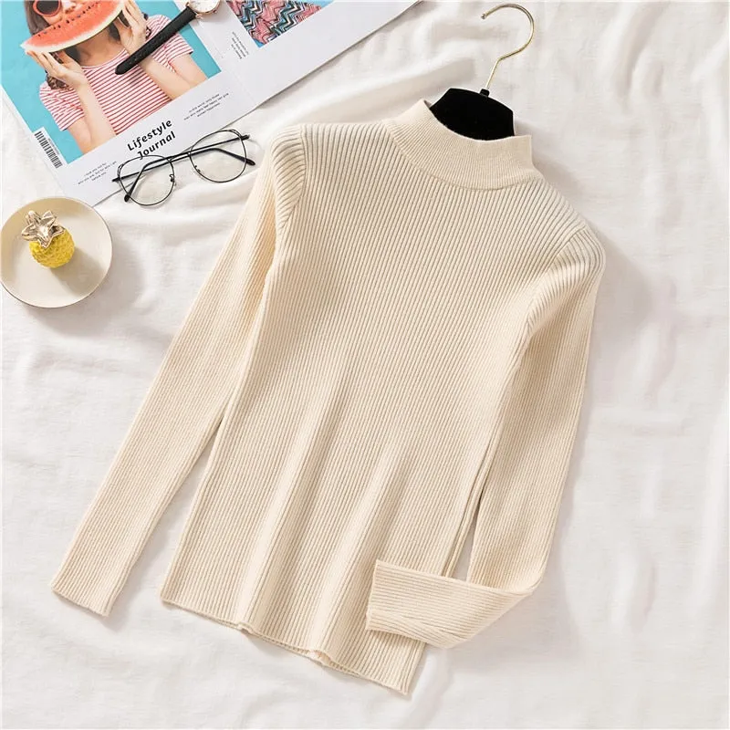 Autumn Women Pullover Sweater Half Turtleneck Long Sleeve Knitted Jumper Winter Elastic Solid Basic Ladies Blouse