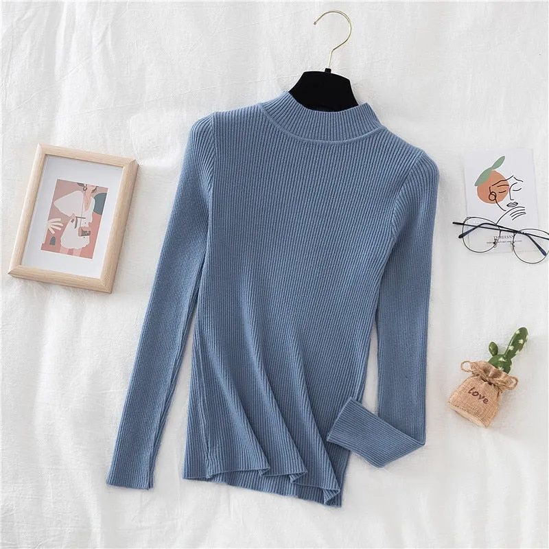 Autumn Women Pullover Sweater Half Turtleneck Long Sleeve Knitted Jumper Winter Elastic Solid Basic Ladies Blouse