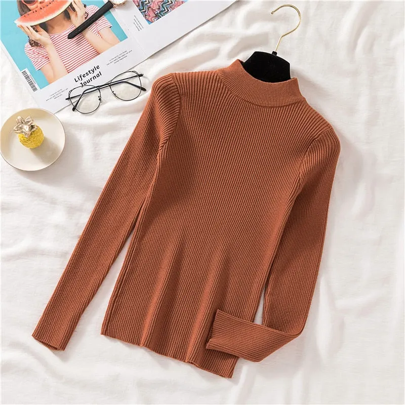 Autumn Women Pullover Sweater Half Turtleneck Long Sleeve Knitted Jumper Winter Elastic Solid Basic Ladies Blouse