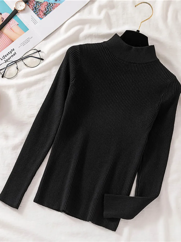 Autumn Women Pullover Sweater Half Turtleneck Long Sleeve Knitted Jumper Winter Elastic Solid Basic Ladies Blouse