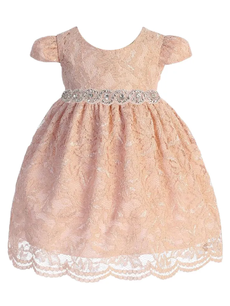 Baby Girls Blush Lace Rhinestone Trim Flower Girl Dress 3-24 Months