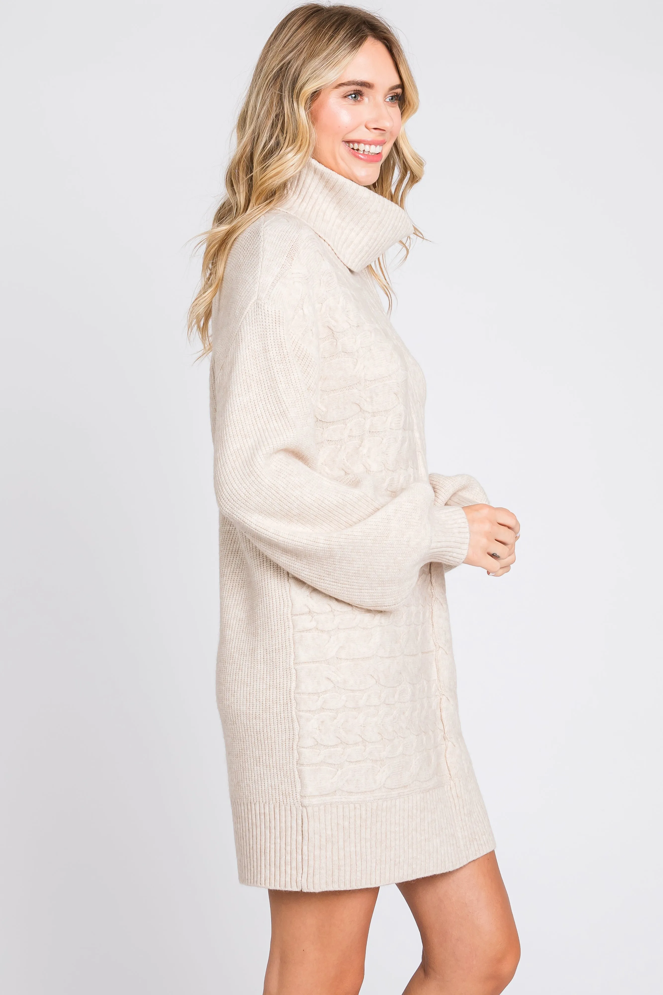 Beige Cable Knit Mini Sweater Dress