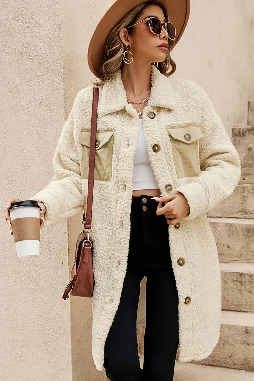 Beige Contrast Flap Pocket Single Breasted Teddy Coat