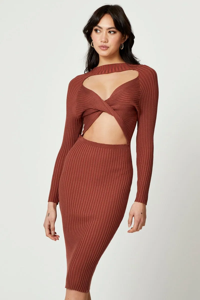 Beige High Neck Twist Detail Bodycon Knit Dress