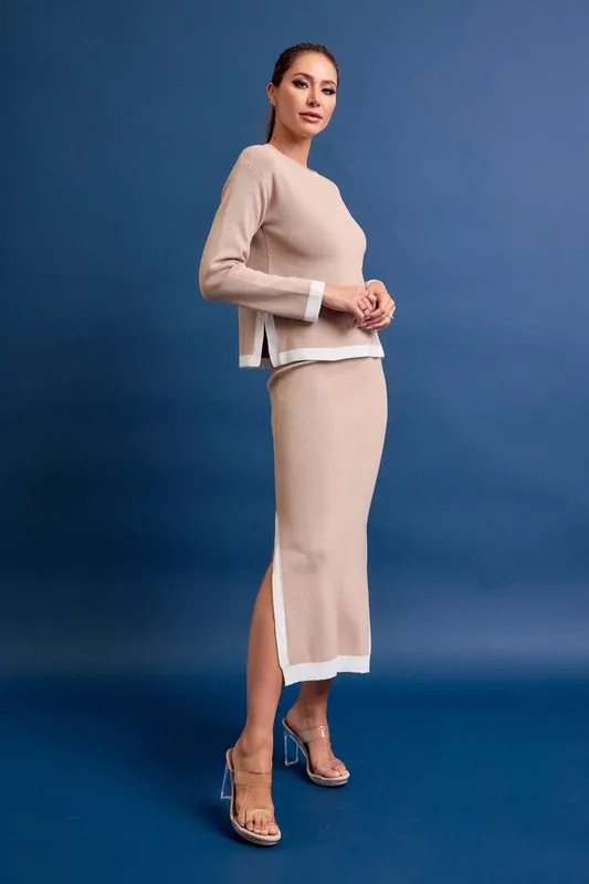 Beige Knit Long Sleeve Top And Midi Skirt Set