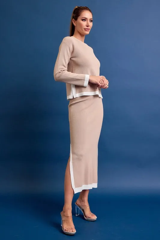 Beige Knit Long Sleeve Top And Midi Skirt Set