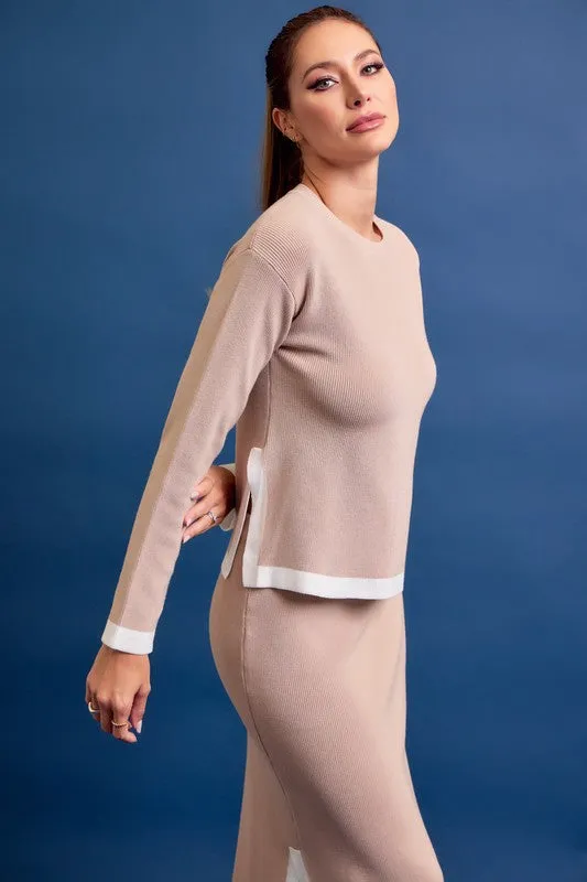 Beige Knit Long Sleeve Top And Midi Skirt Set