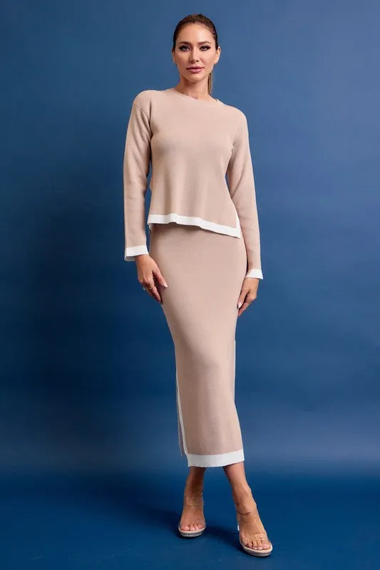 Beige Knit Long Sleeve Top And Midi Skirt Set