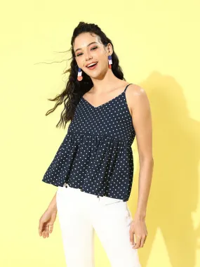 Berrylush Women Navy Blue Polka Dot Printed Crepe Peplum Top