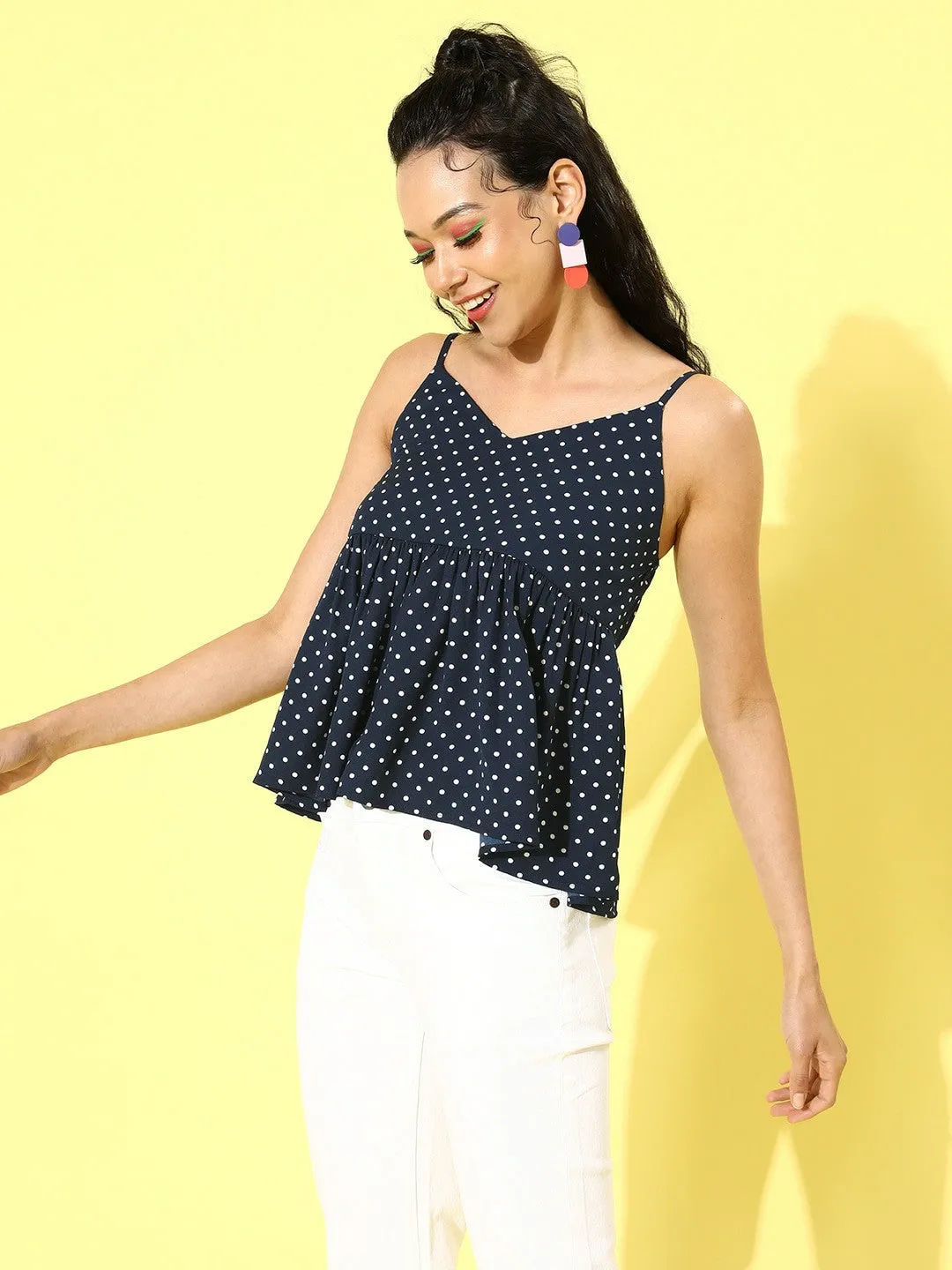 Berrylush Women Navy Blue Polka Dot Printed Crepe Peplum Top