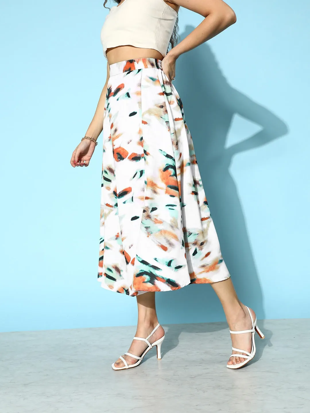 Berrylush Women White, Green, & Orange Abstract Printed High-Rise Waist Thigh-High Slit Straight Hem A-Line Midi Skirt