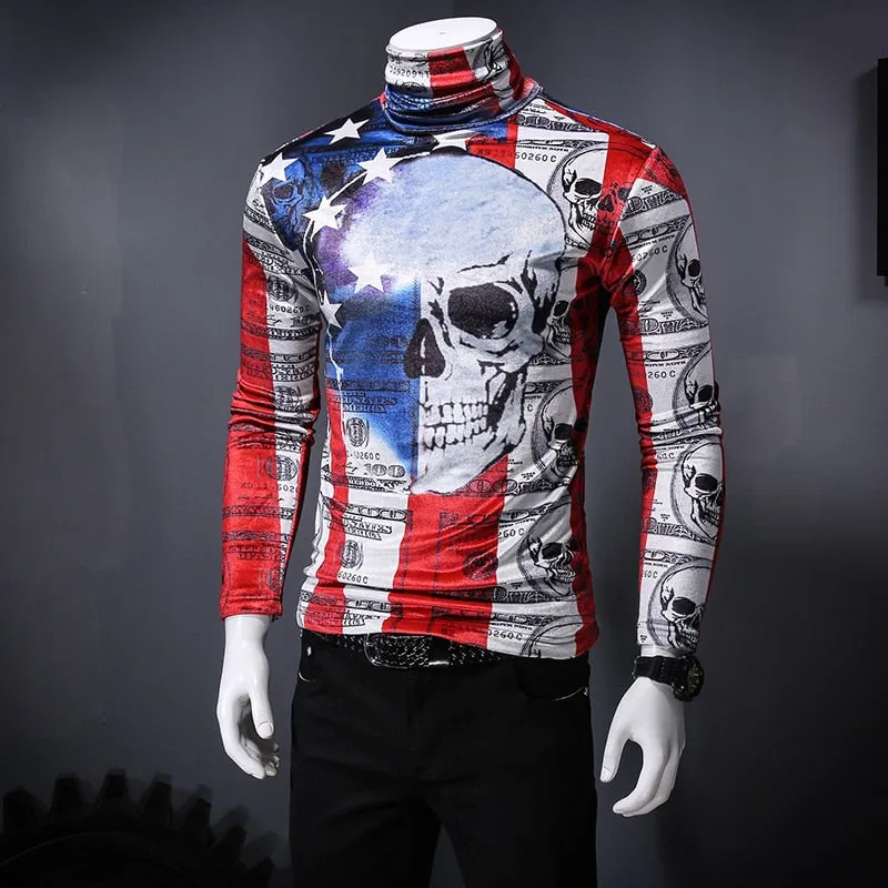 Big Skull Bold Painting Print Men Pullover Shirt